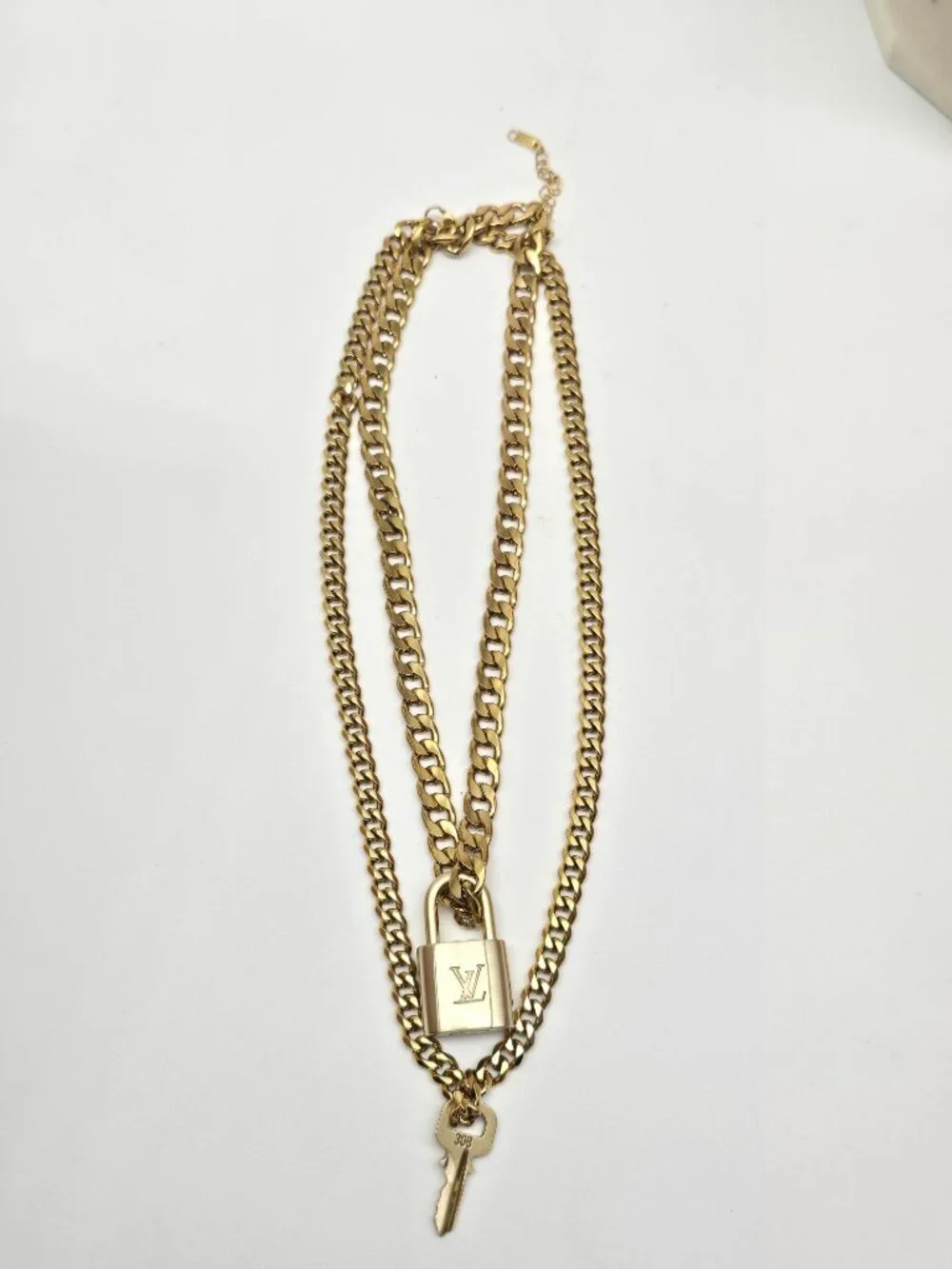 Authentic Louis Vuityon Gold Padlock Pendant with Stainless Steel 2 Cuban Style